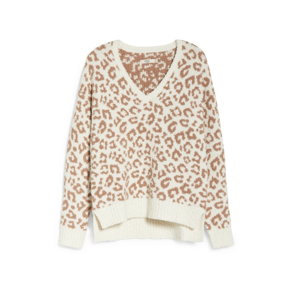 UGG Cecilia Natural Leopard Blush Animal Print Ivory V-Neck Plush Soft Sweater S